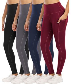 4 Pack Leggings with Pockets for Women,High Waist Tummy Control Workout Yoga Pants Large 4 Packs-black/Gray/Navy/Burgundy