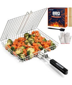 Grill Basket AIZOAM Grill Basket Stainless Steel BBQ Grilling Basket Large Folding Grill Basket with Removable Handle. Grill Baskets for Outdoor Grill . Grill Accessories BBQ Accessories Grilling Deep Grill Basket