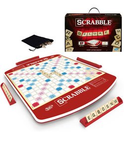 Hasbro Gaming Scrabble Deluxe Edition Letter Tiles Word Game | Rotating Board and Carrying Case | Ages 8+ | 2-4 Players | Classic Family Travel Games Multicolor