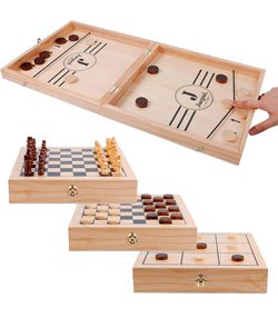 Juegoal 4-in-1 Wooden Fast Sling Puck Set for Kids and Adults, Chess, Checkers, Tic Tac Toe Games, Travel Portable Folding Tabletop Chess Board Game Sets, Interactive Families Toys