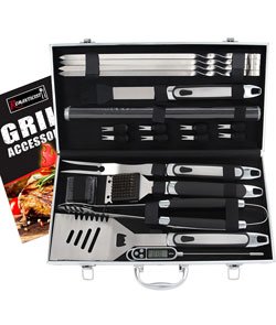 ROMANTICIST 21pc BBQ Grill Accessories Set with Thermometer - The Very Best Grill Gift on Birthday Wedding - Heavy Duty Stainless Steel Grill Utensils with Non-Slip Handle in Aluminum Case