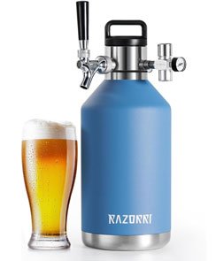 Razorri 128oz Stainless Steel Beer Growler, Double-Wall Vacuum Insulated Carbonated Keg with Professional Bar Tap and Pressurized CO2 Regulator, 1 Gallon, Ocean Blue 128 OZ (1 Gal.)