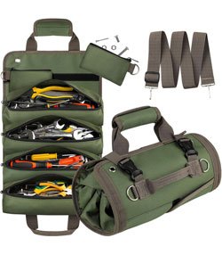 Tool Bag Roll Up, UUP Heavy Duty Tool Organizer for Men Women, Portable Tool Storage with 2 Detachable Zipper Pouch, Compact Small Toolbag for Handyman RV Owners, Father Day Dad Birthday Gifts, Green