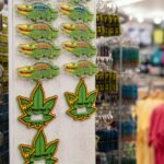 a display of marijuana stickers in a store