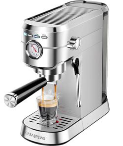 CASABREWS Espresso Machine 20 Bar, Professional Espresso Maker with Milk Frother Steam Wand, Compact Espresso Coffee Machine with 34oz Removable Water Tank for Cappuccino, Latte, Silver A-Silver Button