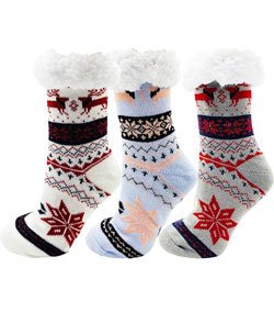 Fluffy Thermal Sherpa Slipper Socks, 3 Pairs for Women, Ultra Soft Christmas Winter Non Skid 9-11 Fair Isle D