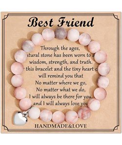 Jewelry&Card Christmas Gifts for Sister Best Friend, Natural Stone Heart Friendship Bracelets for Sister Best Friend Bestie Women Friend-Pink