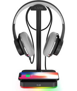 KAFRI RGB Headphone Stand with Wireless Charger Desk Gaming Headset Holder Hanger Rack with 10W/7.5W Fast Charge QI Wireless Charging Pad - Suitable for Gamer Desktop Table Game Earphone Accessories 1.Black