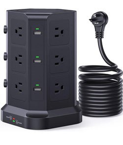 Surge Protector Power Strip Tower, KOOSLA 16.4 FT Extra Long Cord Flat Plug - [15A 1500J] Heavy-Duty 12 Widely Multiple Outlets & 6 USB Charging Station for Home, Office, Dorm Black 16.4 ft Black