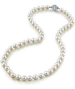 THE PEARL SOURCE 14K Gold Hanadama Quality Round White Japanese Akoya Saltwater Cultured Pearl Necklace in 17" Princess Length for Women White Gold 6.5-7.0mm